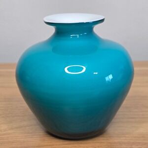 Vintage Pilgrim Art Glass Aqua on White Cased Bulb Vase